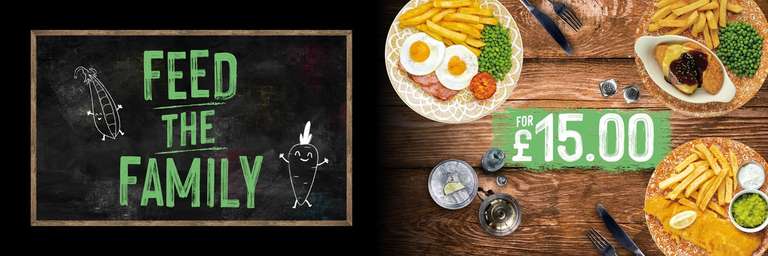 Enjoy two selected adult main meals and two tasty kids main meals for just £15 @ Greene King Bury St Edmunds