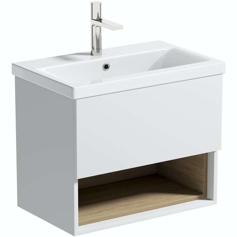 Mode Tate II white & oak wall hung vanity unit and ceramic basin 600mm £100 with code @ Victoria Plum