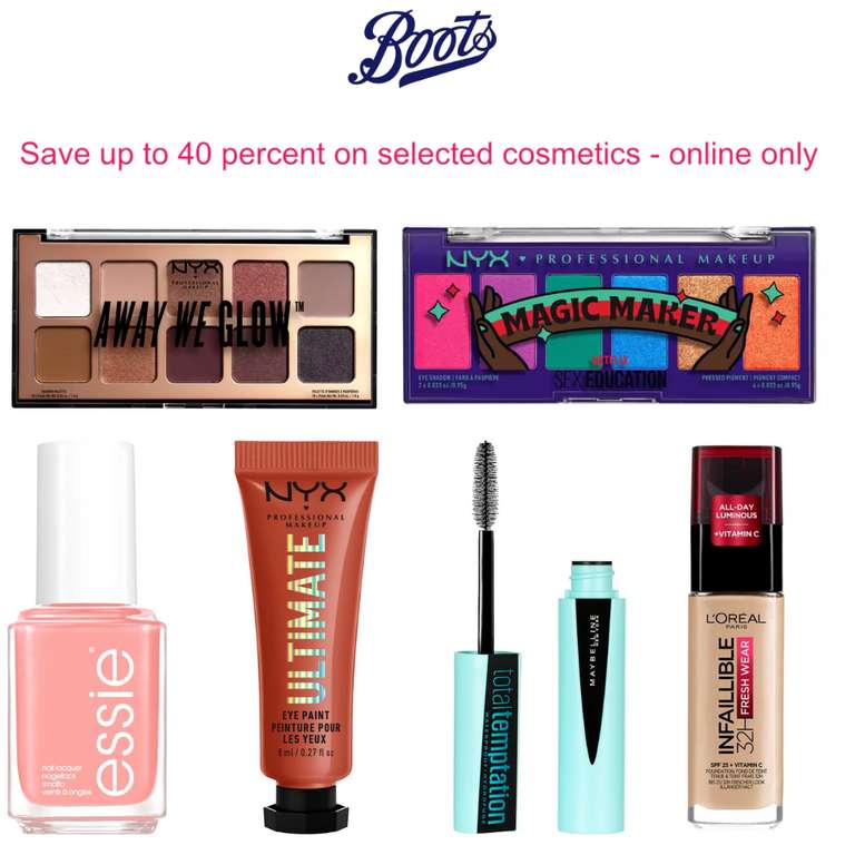 Save up to 40% on Selected Cosmetics + Free Click and collect over £15 (otherwise £1.50) - @ Boots