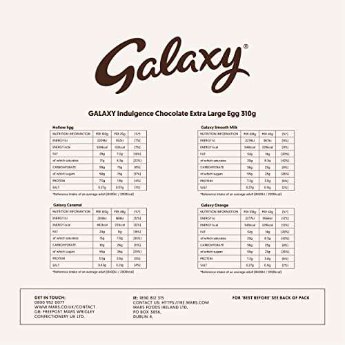 310g Extra Large Galaxy Milk Chocolate Indulgence Easter Egg, Easter Gifts, Chocolate Gift £4.50 each or 2 for £8 @ Amazon