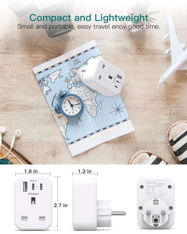 UK to European Adapter Plug with 3 USB Ports(2 USB C) - w/Code, Sold By ADDTAM FBA