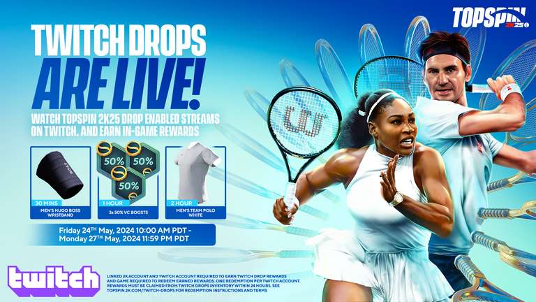 TopSpin 2K25 Twitch Drops: earn Men’s Hugo Boss Wristband, 3x 50% VC Boosts and Men’s Team Polo White by watching streams