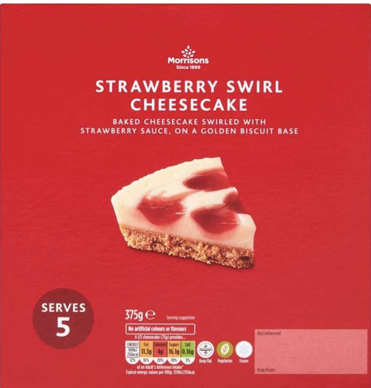 Morrisons Strawberry Swirl Cheesecake 375g (Frozen) - 25p @ Amazon Fresh - Sold by Morrisons (Free Delivery over £40)
