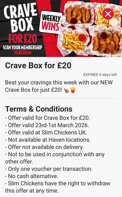Crave Box: 20 Chicken Tenders, 2 Large Fries & 4 Sauces at Slim Chickens