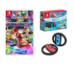 NIINTENDO Switch (Red and Blue), Nintendo Switch Sports, 3 Month Online Subscription, Mario Kart 8 Deluxe & Joy-Con Racing Wheels Bundle