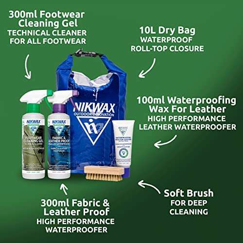 Nikwax Cleaning and Waterproofing Kit for footwear (Cleaning Gel + Proofer + Waterproofing Wax, Brush, Dry bag) @ Amazon sold by Nikwax