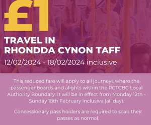 £1 bus travel (Half term 12-18th Feb) for all bus journeys in Rhondda Cynon Taff
