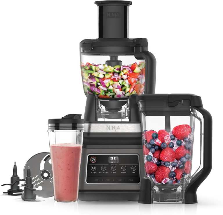 Ninja 3-in-1 Food Processor & Blender with 5 Automatic Programs, Blend, Max Blend, Chop, Mix, Puree, 1.8L Bowl, 2.1L Jug, 700ml Cup, 1200W