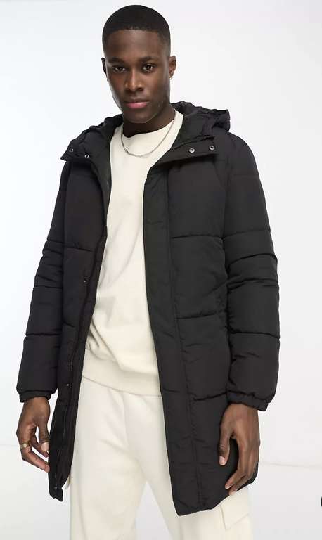 Jack & Jones Longline Puffer Jacket with Hood in Black (with code)
