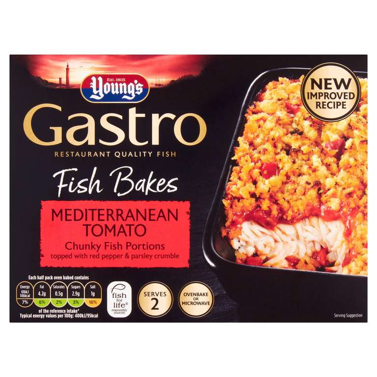 Young's Gastro Fish Bakes Mediterranean Tomato 340g/Young's Fish Bakes Cheese/Leek Chunky Fish Portions £1.87 Bonus Card Price @ Iceland