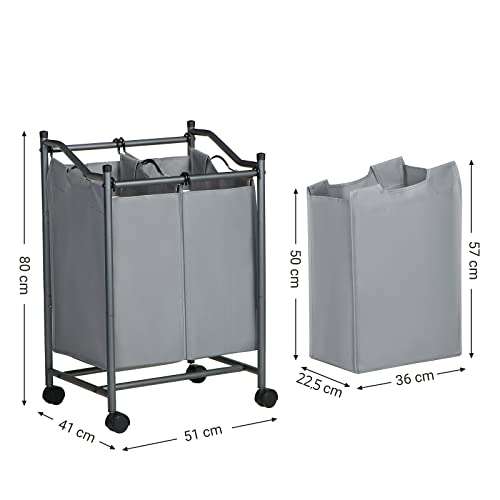 SONGMICS Rolling Laundry Sorter, Laundry Basket with 2 Removable Bags, Laundry Trolley on Wheels, 2 x 45L, Grey £22.99 @ Amazon