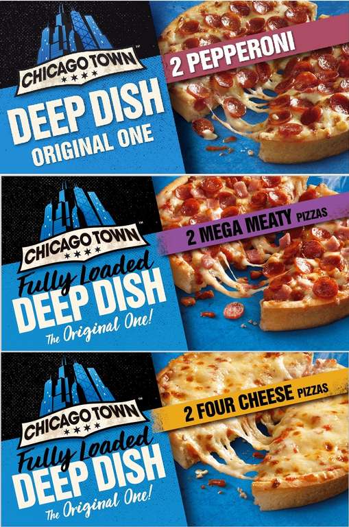 Chicago Town 2x Deep Dish Pizzas (Pepperoni, Meaty, Cheese)