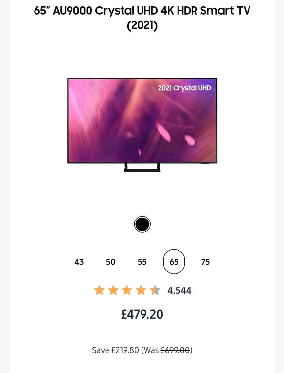 Samsung AU9000 Crystal UHD 4K HDR Smart TV (2021) - 43" £279.20 / 50" £343.20 / 55" £399.20 / 65" £479.20 @ Samsung EPP