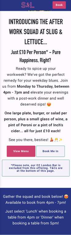 Get a large plate / burger or salad & a 175ml glass of wine / pint of Peroni or pint of inch's cider Mon-Thurs 4pm-7pm