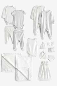 Next White/Grey 15 Piece Baby Sleepsuit, Tops, Joggers & Hats Set (0-6mths) £19 free click and collect @ Next