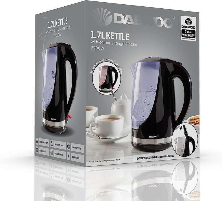 Daewoo 1.7L, 2200W Fast Boil Cordless Jug Kettle, Colour Changing Indicator Lights