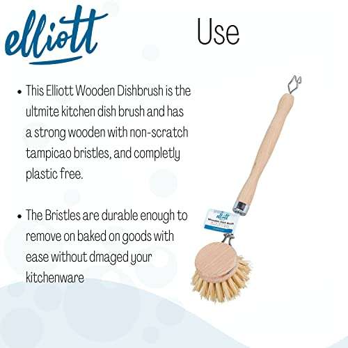 Elliott Wooden dish brush with Natural tampico fibres, Long reach washing up brush for cleaning glasses, plates, pots & pans £1.80 @ Amazon