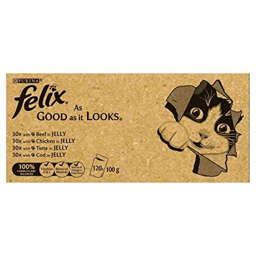 Felix As Good As It Looks Adult Wet Cat Food Mixed in Jelly Beef, Cod, Tuna and Chicken 120 x 100g Pouches £31.88 (or £30.29 S&S) @ Amazon