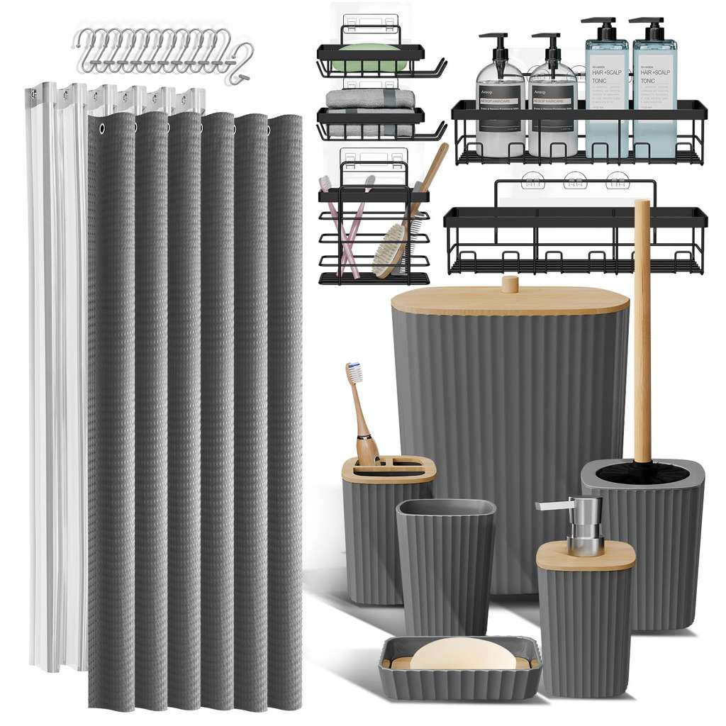 Clara Clark 25PC Modern Rustic Boho Grey Bathroom Accessory Set with ...