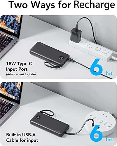 VRURC 10000mAh Power Bank With Built in Cables,USB C Battery Pack Portable Charger with 5 Outputs 2 Inputs Sold by VRURC-UK