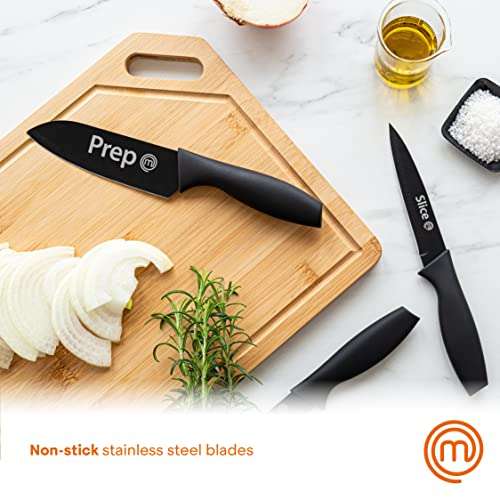 Set of 3 MasterChef Knife (Chef, Paring, Utility), Stainless Steel Blades With Non Stick Coating & Soft Touch Grip