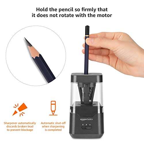 Amazon Basics Portable Electric Pencil Sharpener, Spiral Blade, Automatic Stop, Battery/USB Powered, 7.2 x 7.2 x 12.9 cm, Black