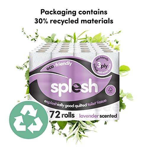 Splesh Toilet Roll 72 Pack - Eco-Friendly, Soft & Quilted 3-Ply Toilet Paper - Lavender Fragrance - Sold By Cusheen