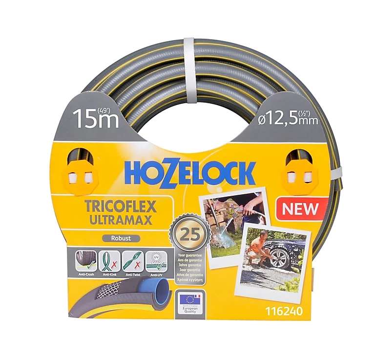 Hozelock Ultramax 116240 Grey & yellow 5-layer reinforced anti-kink hose pipe (L)15m - Free C&C