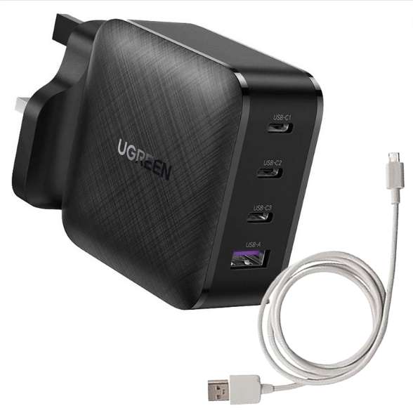 65W Ugreen 4 Port GaN X Fast Charger QC4 3x USB Type C, 1x USB A + Ventev Essential 1m USB C to A Charge & Sync Cable