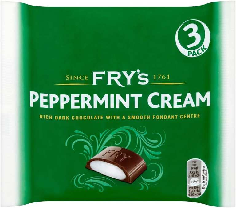 Fry’s Peppermint Cream Bars - Dark Chocolate with Smooth Mint Fondant Centre - 3 x 49g (£1.25 S&S)