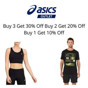 Buy 1 get 10%, Buy 2 get 20%, Buy +3 get 30% off all outlet apparel + Free delivery if you subscribe to the newsletter - @ asics
