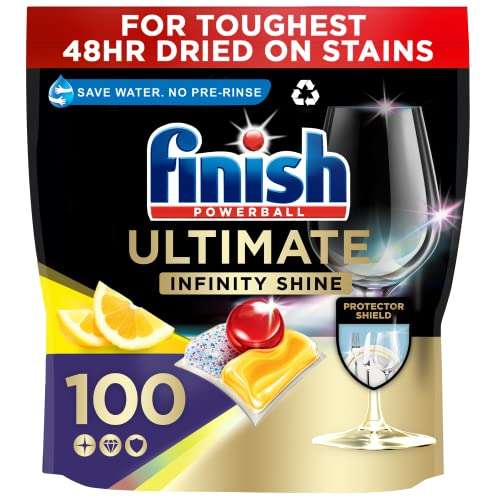 Finish Ultimate Infinity Shine 100 Dishwasher Tablets Size. For Ultimate Clean and Diamond Shine £15.39 / £10.77 Subscribe & Save at Amazon