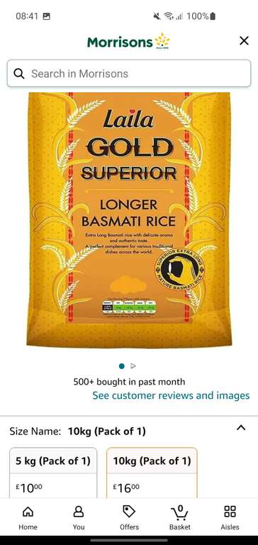 Laila Gold Basmati Rice 10kg sold and FB Morrisons via Prime (min order £60)