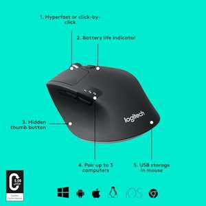 Logitech M720 Triathlon Multi-Device Wireless Mouse, Bluetooth, USB Unifying Receiver, 1000 DPI, 6 Programmable Buttons