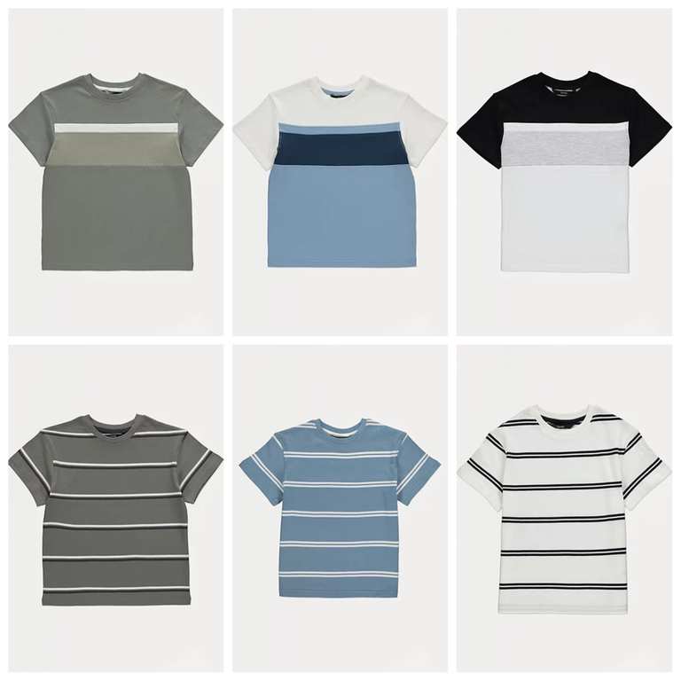Kids T-shirts (Blue Colour Block/ Khaki Striped/ Khaki Block/White Block/ White Striped/ Blue Striped) 1.5-3, 3-10 £1.50, 10-16Y £2+Free C&C