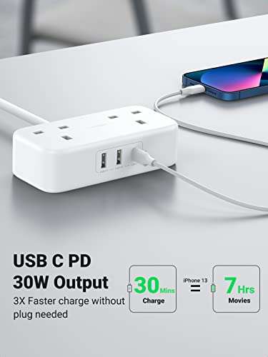 UGREEN 30W 1.8m Extension Lead with USB C Slot (PD - fast charge) /2 AC Outlets/2 USB A £16.99 (prime members) @ Amazon /Ugreen