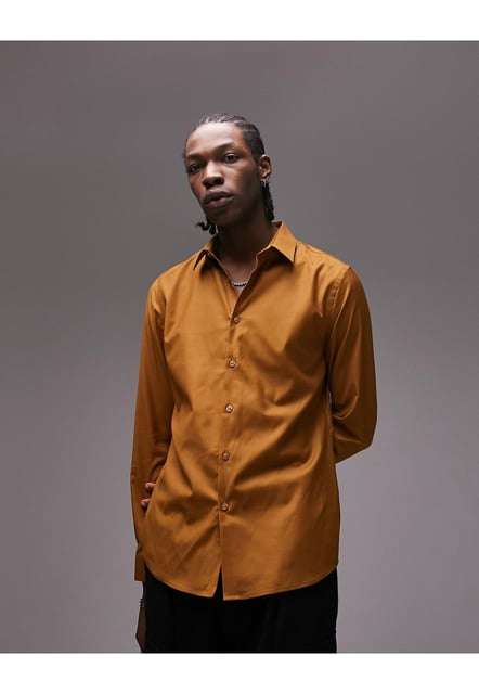 Topman Premium formal slim fit cotton shirt in tobacco brown
