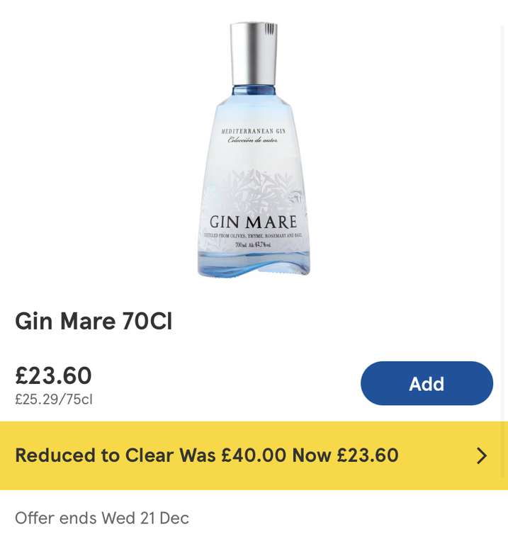 Gin Mare 70cl reduced to clear at Tesco £23.60 (price may vary on delivery location) @ Tesco