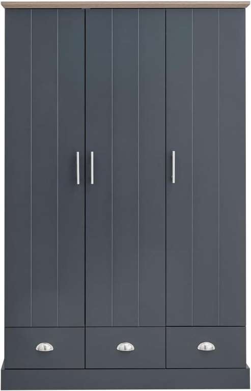 GFW Kendal 3 Door Hanging Rail & 3 Drawer Wooden Wardrobes. Contrast Oak Top, Slate Blue, D57 x 79W x 116H cm