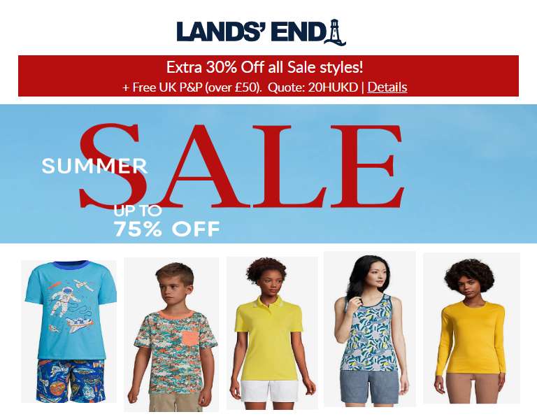 Up to 75% off the Sale + Extra 30% off Plus Free Delivery on £50 Spend with code @ Lands end