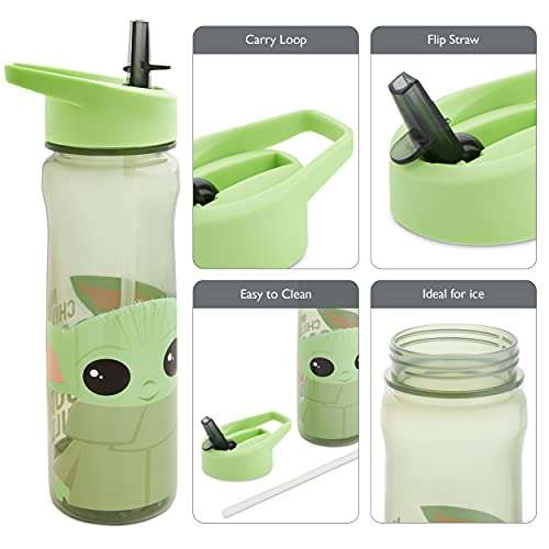 Mandalorian Water Bottle with Straw – Reusable Kids 600ml PP in Grey & Green – Official Merchandise