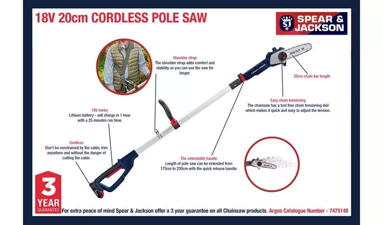 Spear & Jackson Cordless 18V Pole Saw with Battery and Charger Plus 3 Year Guarantee - £80 FREE Click & Collect @ Argos