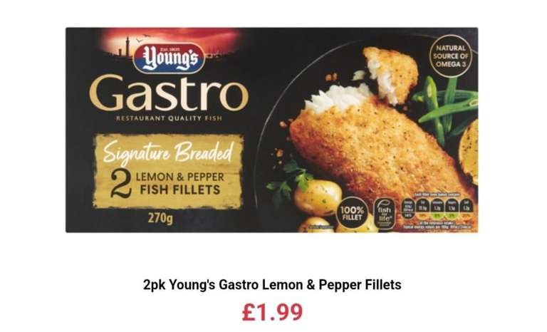 Young's Gastro Signature Breaded Lemon & Pepper Fish Fillets x2 270g £1.99 @ FarmFoods