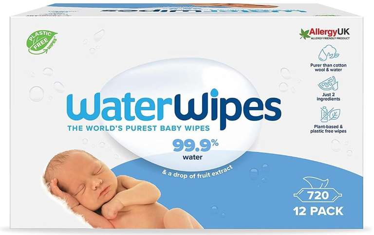 WaterWipes Plastic-Free Original Baby Wipes, 720 Count (12 Packs) (£18/£17 on Subscribe & Save) + 10% off 1st S&S