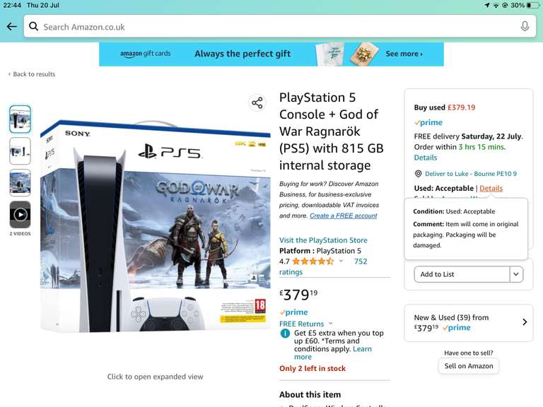 PlayStation 5 Console + God of War Ragnarök - Used: Acceptable via Warehouse