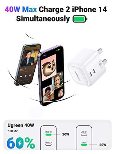 UGREEN USB C Charger Plug 40W Foldable Dual USB C Charger 20W PD £20.24 delivered @ Amazon /Ugreen