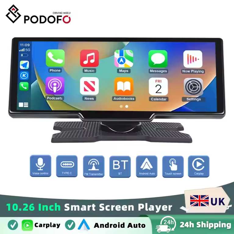 Podofo 10.26" Wireless Carplay Android Auto Portable Digital Dashboard, Smart Player With Voice Control, New customer - w/Code, By Podofo UK