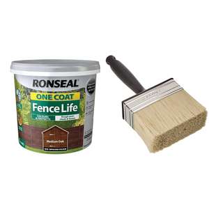 RONSEAL RSLOCFLMO5L One Coat Fence Life, Medium Oak, 5 Litre & Essen 4.0" Block Brush