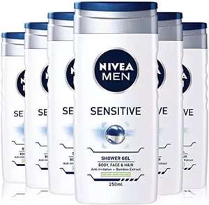 NIVEA MEN Sensitive Shower Gel Pack of 6 (6 x 250ml), Alcohol-Free Sensitive Skin Shower Gel, Gentle Shower Gel for Men