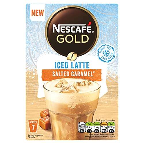 Nescafé Gold Iced Salted Caramel Latte 7 Sachets, 101.5g. 12 packs for £2.40 (84 sachets total) 20p each. @ Amazon Business